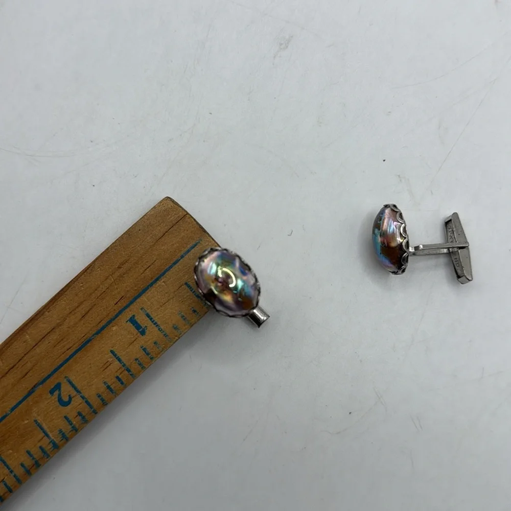 Silver Tone Mother Of Pearl Iridescent Cuff Link Accessory Jewelry Collectible